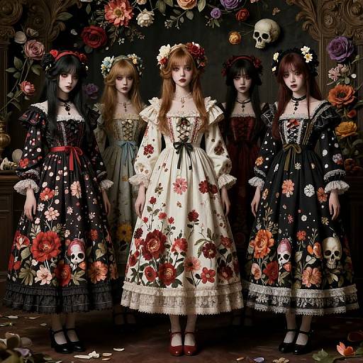 Photograph of four gothic, flower-patterned, skull-adorned, Victorian-style dresses, standing in a dark, floral-filled room with a