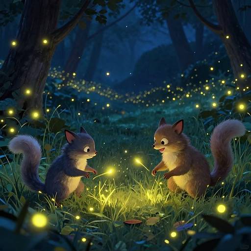 Mischievous Animals with Glowing Fireflies