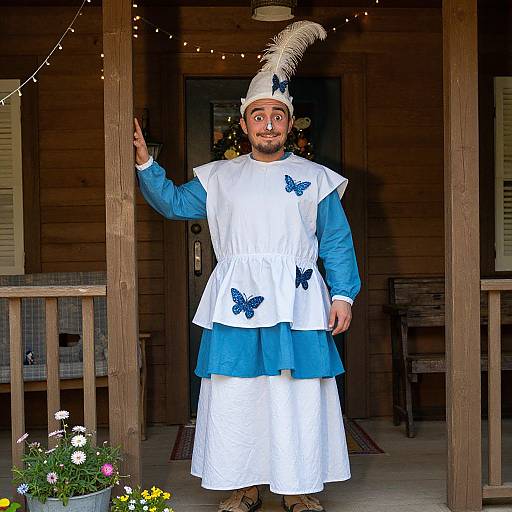 Photograph of a bearded man in blue and white costume with butterfly embroidery, feathered hat, standing on wooden porch with flowers.