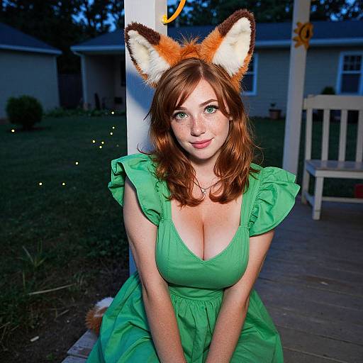 Photograph of a fair-skinned woman with red hair and fox ears, wearing a low-cut green dress, sitting outdoors at dusk.