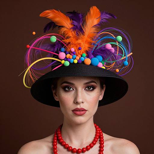 Photograph of a fair-skinned woman with bold makeup, wearing a black hat adorned with vibrant feathers, colorful spheres, and a red beaded necklace