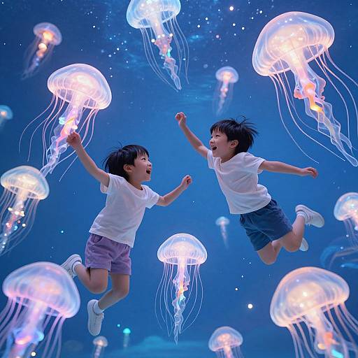Photograph of two Asian children joyfully jumping among glowing jellyfish in a vibrant blue underwater scene, wearing white shirts and shorts.