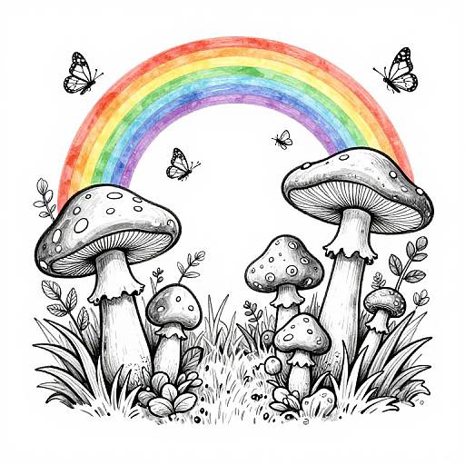 Black-and-white ink drawing of mushrooms with spotted caps, surrounded by grass and butterflies, under a vibrant rainbow.