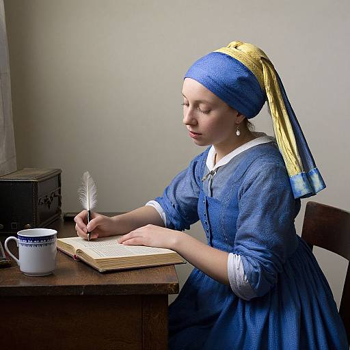 Photograph of a young woman in 17th-century blue dress and yellow headscarf, writing with a quill on a wooden desk.