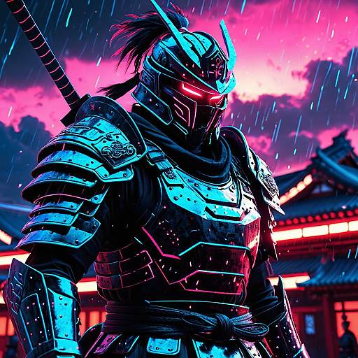 Neon Cyber Samurai in Rain