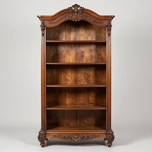 Photograph of an ornate, wooden, four-shelf bookcase with intricate carvings, dark brown finish, and symmetrical floral designs on