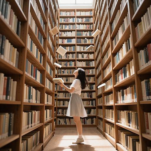 Photograph of a young woman with long black hair, wearing a white blouse and gray skirt, reaching for books in a sunlit, narrow library aisle