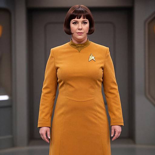 Photograph of a woman with a short bob haircut, wearing a long, mustard-yellow dress with a small white star emblem, standing in a futuristic,