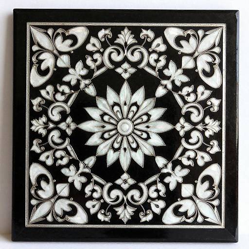 Black and white square artwork with intricate floral and scroll patterns, centered on a detailed starburst flower, framed in black.