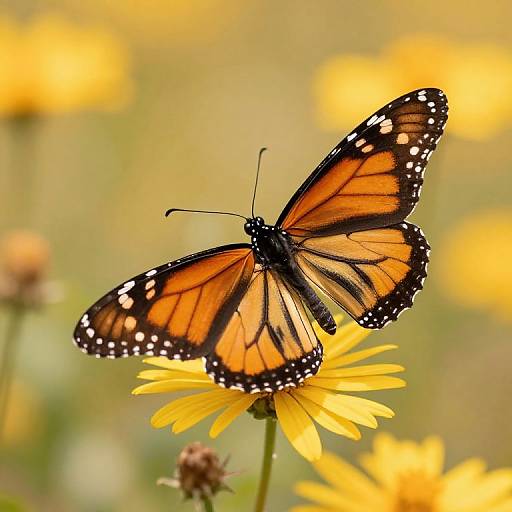 Photograph of a vibrant orange and black monarch butterfly with white spots, perched on a yellow dandelion amidst a blurred background of more yellow flowers