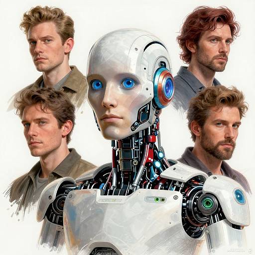 Digital art of six men, including a humanoid robot with blue eyes, in various poses, white background, realistic style.