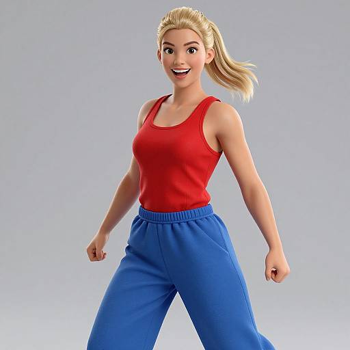 CGI image of a smiling blonde woman with ponytail, wearing a red tank top and blue joggers, standing confidently with fists raised.