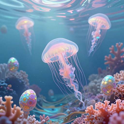 Photograph of vibrant underwater scene with glowing jellyfish, colorful patterned eggs, and diverse coral reefs illuminated by blue ocean light.