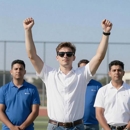 Triumphant Man in Sunglasses Outdoors