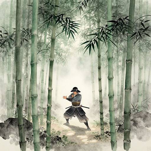 Digital anime-style drawing of a samurai in black armor and hakama, standing in a dense bamboo forest with bright light filtering through.
