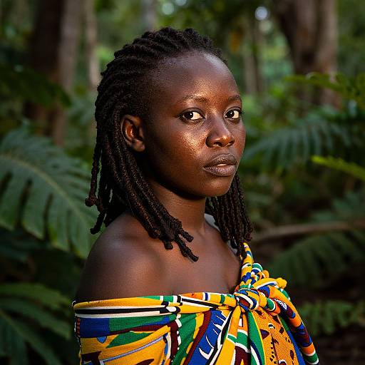 Photograph of a dark-skinned woman with dreadlocks, wearing a colorful, off-shoulder, geometric-patterned top, standing in a lush