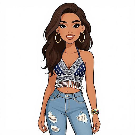Digital illustration of a smiling woman with long brown hair, wearing a blue patterned halter top with fringe, blue ripped jeans, large hoop earrings,