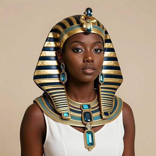 Photograph of a dark-skinned woman in Egyptian-inspired attire: striped golden and black headdress, turquoise jewelry, white sleeveless top, neutral background