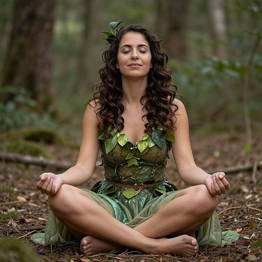 Photograph of a curly-haired woman with fair skin, wearing a green leafy dress, sitting cross-legged in a forest, meditating with eyes closed