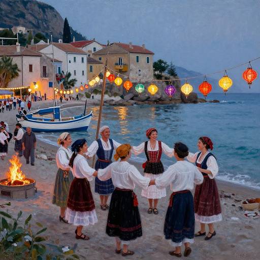 Photograph of six women in traditional Bavarian dresses dancing on a beach at dusk, surrounded by colorful lanterns, a burning fire, and a small