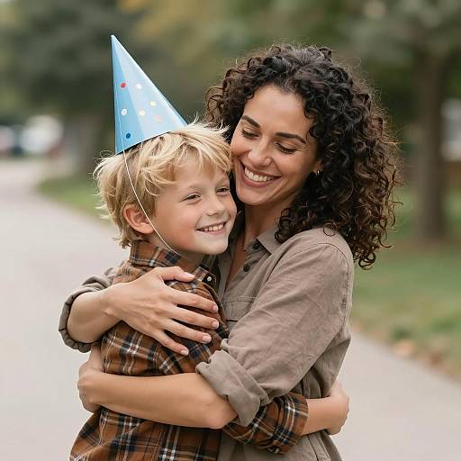 Joyful Outdoor Embrace Between Mother and Son