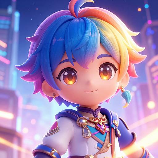 CGI chibi-style image of a blue-haired, rainbow-tipped anime boy with large, shiny brown eyes, wearing a futuristic white and blue outfit