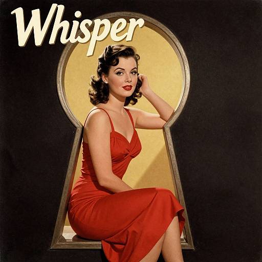 Vintage-style photograph of a fair-skinned woman with wavy black hair, wearing a red dress, sitting in a keyhole-shaped golden frame, with