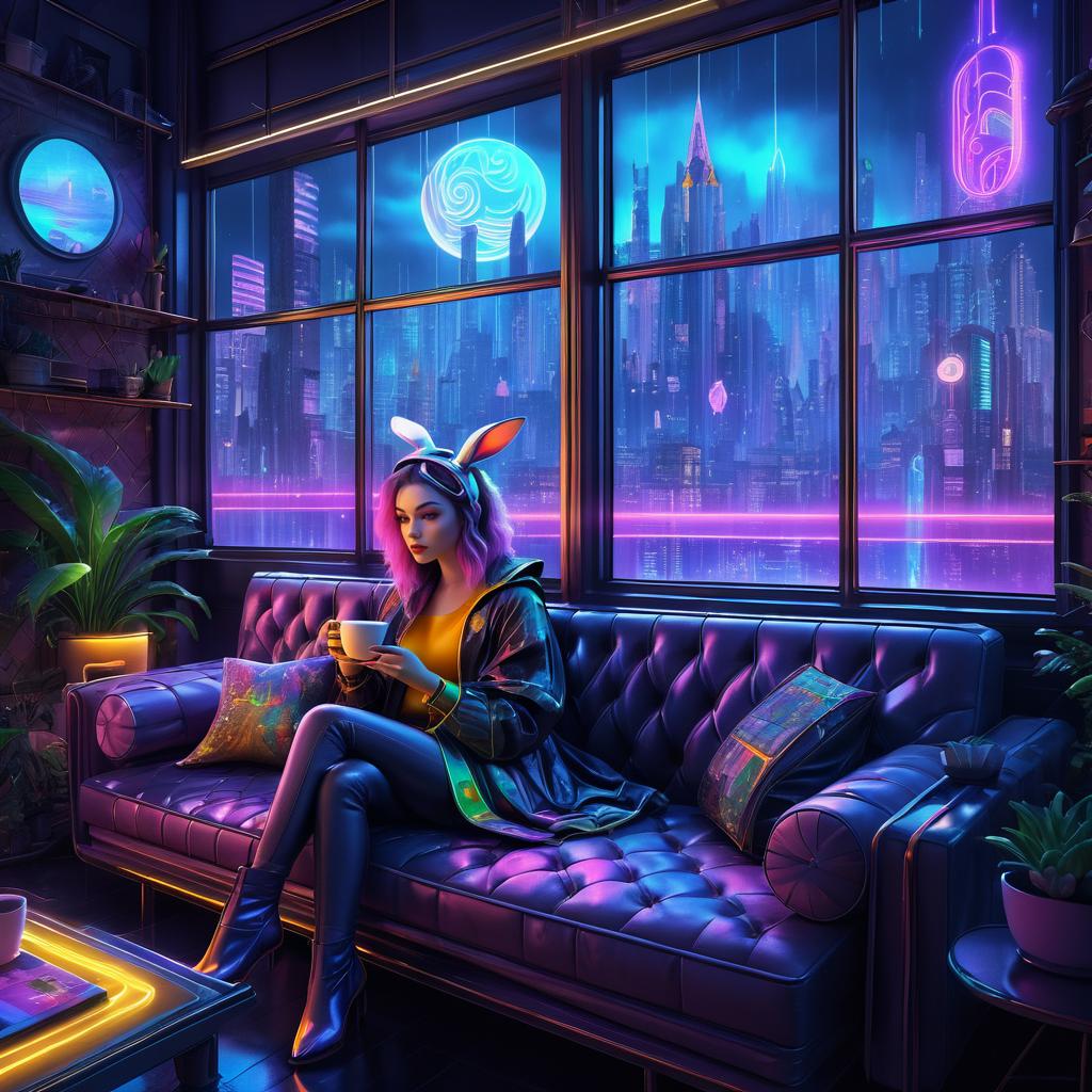 Whimsical Cyberpunk Scene with Coffee