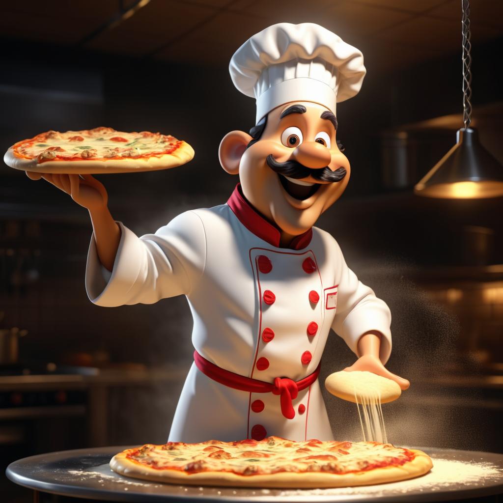 Detailed Cartoon of a Pizza Chef Tossing Dough