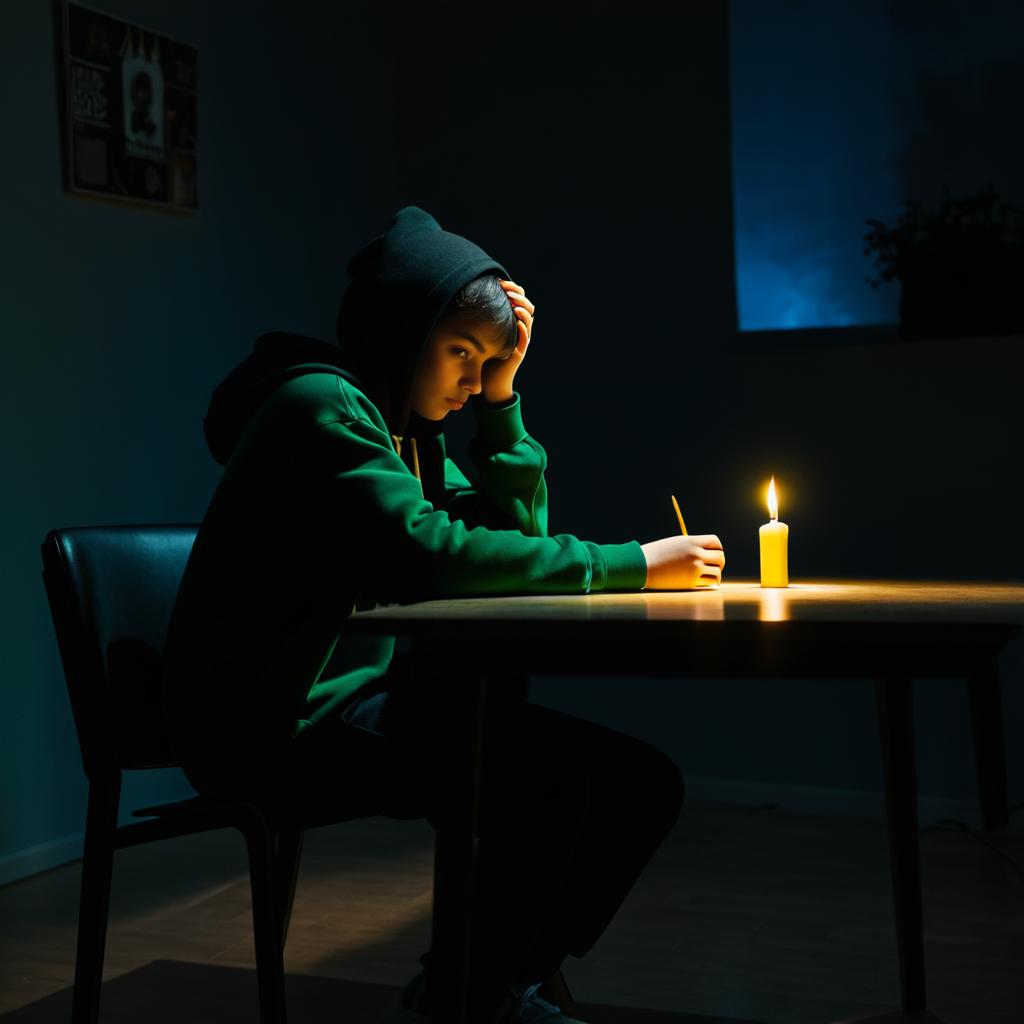 Lonely Teen in Dimly Lit Room