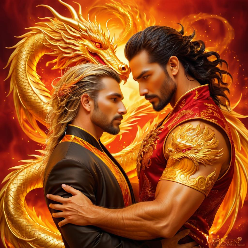 Mythical Embrace: Golden Dragon and Man