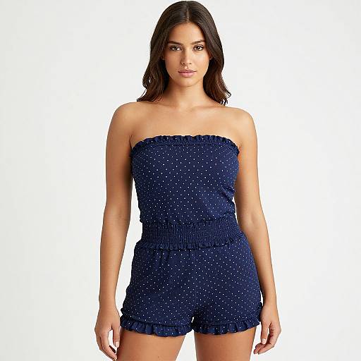 Photograph of a young woman with long brown hair, wearing a strapless, blue, sparkly romper, standing against a plain white background.