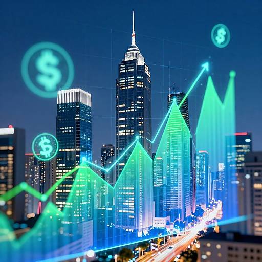 Digital art of a neon-lit, futuristic city skyline with glowing, green, triangular buildings and dollar signs, set against a dark blue night sky.