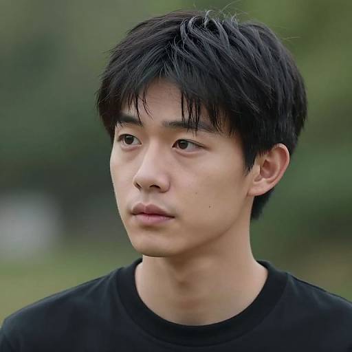 Photograph of a young Asian man with short, messy black hair, fair skin, and a serious expression, wearing a black shirt, against a blurred