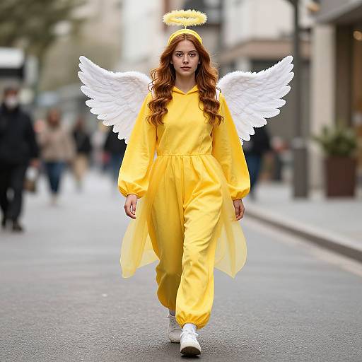 Photograph of a young woman with long red hair, wearing a yellow angel costume, white wings, halo, and white sneakers, walking down a city