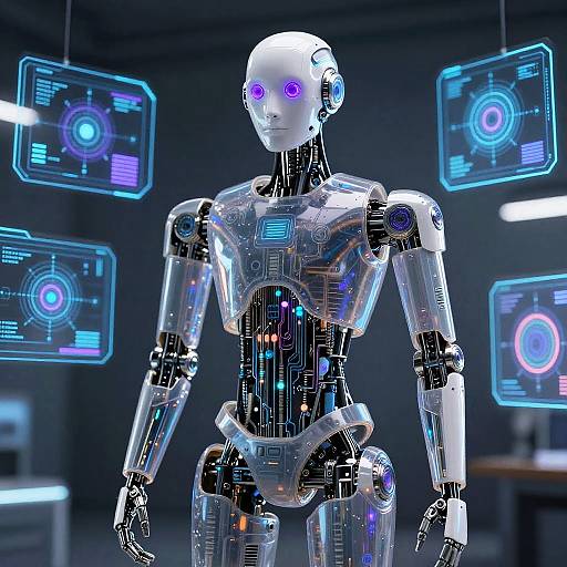 Photorealistic CGI of a futuristic, silver humanoid robot with glowing purple eyes, standing in a dark lab with blue holographic screens.