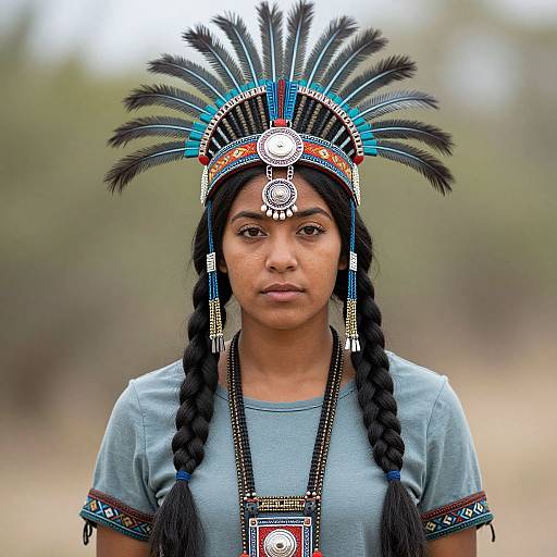 Photograph of a young Indigenous woman with dark skin, braided black hair, wearing a traditional feathered headdress, turquoise and black beadwork,