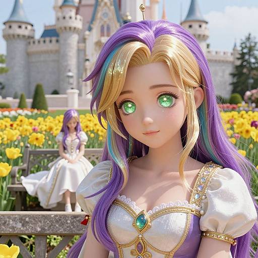 CGI anime-style princess with vibrant purple and blonde hair, green eyes, and white gown with gold trim, standing in a sunny garden with yellow flowers