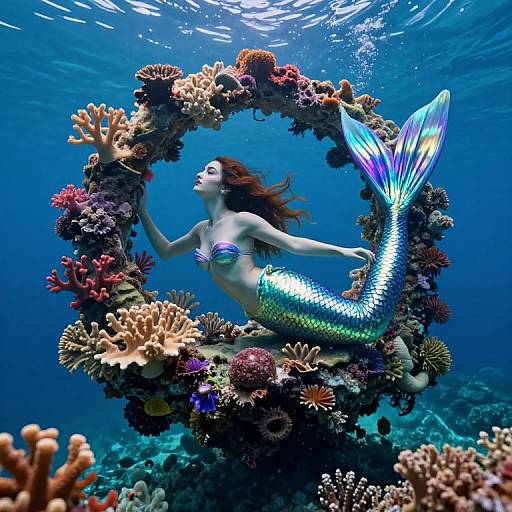 Photograph of a vibrant, mermaid with iridescent scales and a shimmering tail, floating within a colorful coral reef circle, underwater. Blue