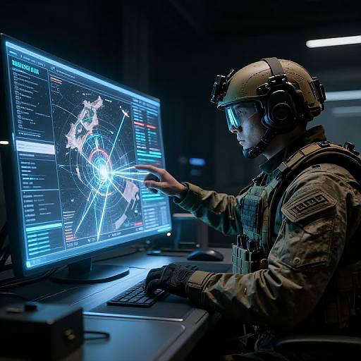 Photograph of a male soldier in tactical gear, helmet with visor, operating a high-tech computer displaying a complex, glowing cyber map in a dark