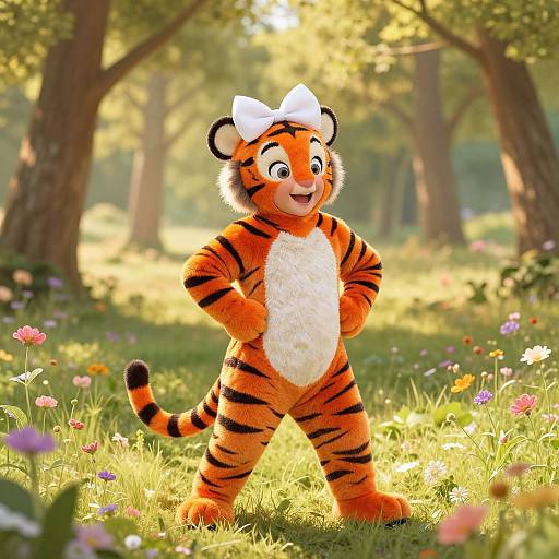 CGI image of a cheerful anthropomorphic tiger cub with a white bow, standing in a sunlit forest meadow with colorful flowers.