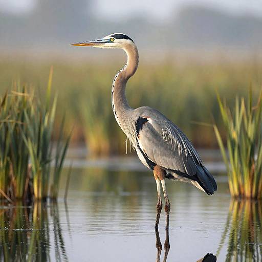 Great Blue Heron in Marsh at Sunrise