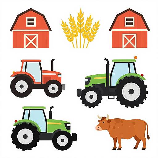 Colorful cartoon illustration of red barns, wheat stalks, red and green tractors, and a brown cow on a white background.