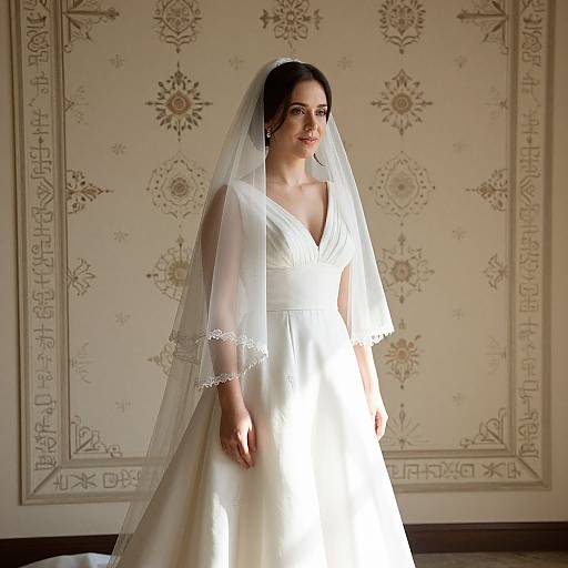 Photograph of a fair-skinned bride with dark hair in a white, V-neck wedding dress and sheer veil, standing in an ornately decorated,