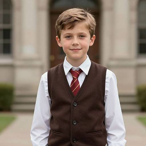 Photograph of a young boy with light brown hair, wearing a white shirt, maroon tie, and brown vest, standing in front of a blurred