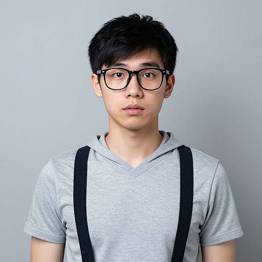 Photograph of a young Asian man with short black hair, wearing black-rimmed glasses, gray V-neck T-shirt, and black suspenders,