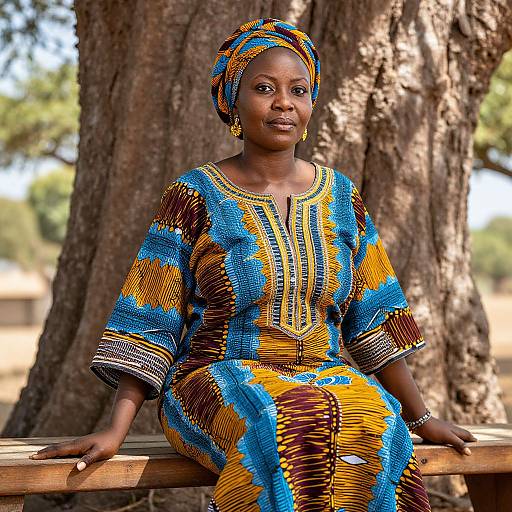Photograph of a dark-skinned African woman in vibrant blue, yellow, and brown patterned traditional dress and headwrap, sitting against a large tree
