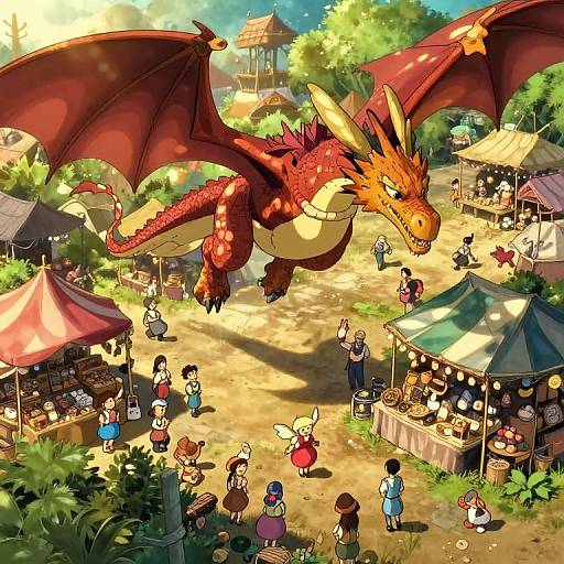 Colorful digital art: A red dragon with yellow underbelly flies over a vibrant, sunlit market with people, stalls, and trees.