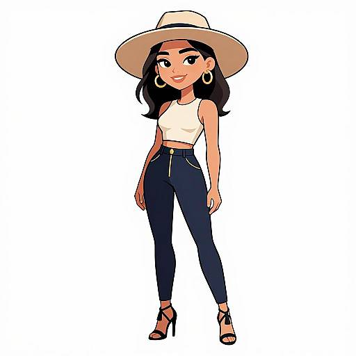 Digital cartoon of a stylish woman with medium skin tone, black hair, white crop top, dark blue high-waisted pants, large white hat,