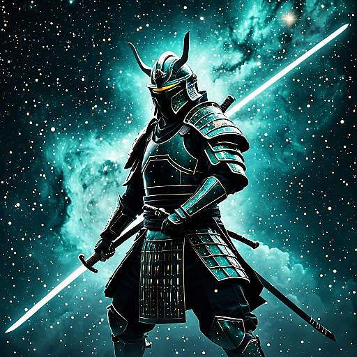 Samurai in Nebula Armor with Glowing Katana